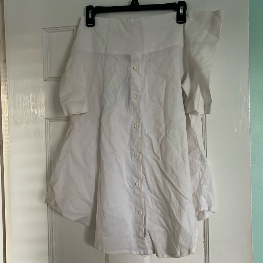 White off the shoulder button down top.
